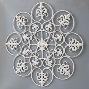 Sintosin Vintage Wrought Iron Wall Decor 32.5 Inches, Hanging Distressed White Large Round Metal Wall Art Decor for Living Room, Fleur De Lis Wall Decor above Bed, Metal Scroll Wall Sculptures