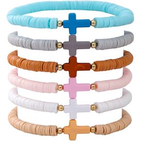 8Pcs Cross Bracelets Bohemian Rainbow Polymer Clay Cross Stretch Bracelets Colorful Stackable Cross Beads Elastic Bracelet for Women Girls Summer Beach Friendship Jewelry Gifts