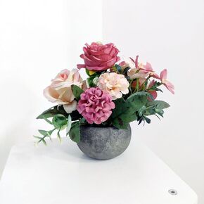 Artificial Flowers Mini Potted Plants, Antique Rose Rose Peony Hydrangea Greenery + Paper Pulp Round Vase, Small Fake Plant Potted Decor for Offices, Bookshelf, Bedroom, Living Room, Party, Wedding