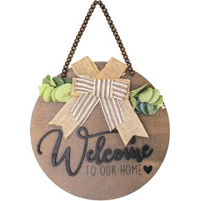 Welcome Wreaths for Front Door,12" Round Wood Welcome Hanging Sign, All Seasons Front Porch Decor House Warming Gift for Hallow Christmas Farmhuose Home Outdoor Indoor (White)