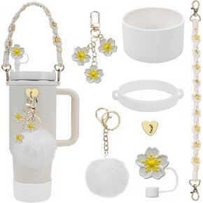 7pcs Cup Charms for Stanley Cup Accessories, Straw Cover Cap & Water Bottle Silicone Boot for Stanley Cup 30oz or 40oz Tumbler Cup Accessories, Handle Strap with Flower Charms for Stanley Cup(White)