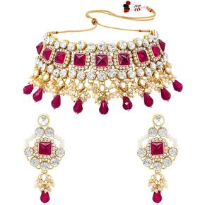 Aheli Traditional Gold Plated Kundan Choker Necklace & Dangle Earring Ethnic Jewelry Set Gift for Women