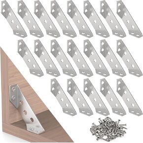 Aifeier ET 20PCS Furniture Corner Connector, Stainless Steel Corner Bracket Furniture Triangle Support Brace Angle Fasten Connector with 140 Screws for Wood Shelf, Cabinets, Tables, Chairs