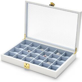 Oirlv White Luxury Leather Jewelry Organizer Tray with Clear Lid Lockable Jewelry Box Ring Holder Box for Women Girls (Blue Interior) Ring Slot