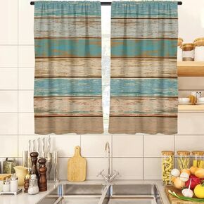 zokyer Teal and Brown Kitchen Window Curtain Vintage Farmhouse Western Country Rustic Barn Wood Small Short 27.5" W x 45" L Curtains Set for Bedroom Living Room Bathroom 2 Panels Rod Pocket Drapes