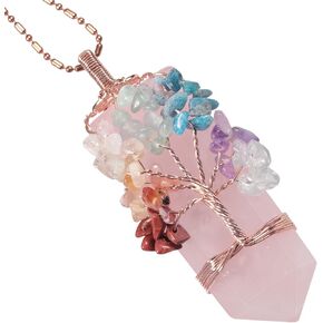TUMBEELLUWA 7 Chakra Tree Pendant Necklace for Unisex, Copper Wire Wrapped 6-faceted Crystal Stone Point Pendant Amulet for Reiki Healing