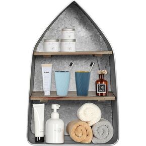 SOFE Galvanized Metal Wash Tub with Shelf, Small Oval Wall Shelf Country Bathroom Decor, 2 Tier Display Shelf Wall Mounted, Farmhouse Laundry Wall Shelf, Floating Shelf Bathroom