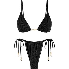 Women's Bikini Sets Ribbed Beaded Adjustable Spaghetti Strap Swimsuit Tie Side Thong Sexy 2 Piece Bathing Suit
