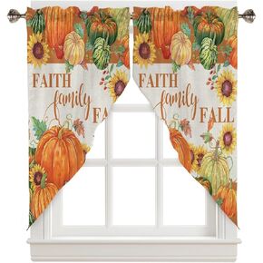 Swag Curtain Valances, Faith Family Fall Pumpkin Sunflower Thanksgiving Harvest Watercolor Style Rod Pocket Short Window Swag Topper Curtains for Kitchen Bedroom Bathroom, 2 Panel, 36"x36"