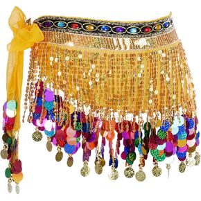 Women’s Belly Dance Hip Scarf Shiny Sequins Gold Coins Wrap Skirt Belt Wait Chain for Performance Festival Costume