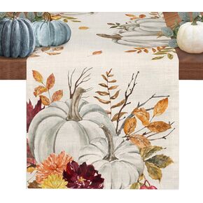 White Pumpkin Maple Leaves Cotton Linen Table Runner Thanksgiving Rustic Pumpkin Floral Fall Decor Vintage Fall White Harvest Pumpkin Flower Maple Leaves Table Runners for Dinning Table-13x70 Inch