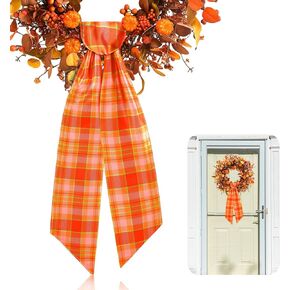 YLOLUL 2 Pcs Autumn Grid Wreath Sash for Front Door 4.5'' X 56'' Autumn Fall Thanksgiving Wreath Satin Sash for Wedding Home Party Wall Decor(Autumn)