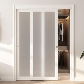 Sliding Closet Door 60"(Double 31") x 80", Full-Lite Frosted Glass Closet Door with Hardware Kit & Matching Fascia, Pre-Drilled Sliding Closet Door Panels with PVC Surface, Easy to Install