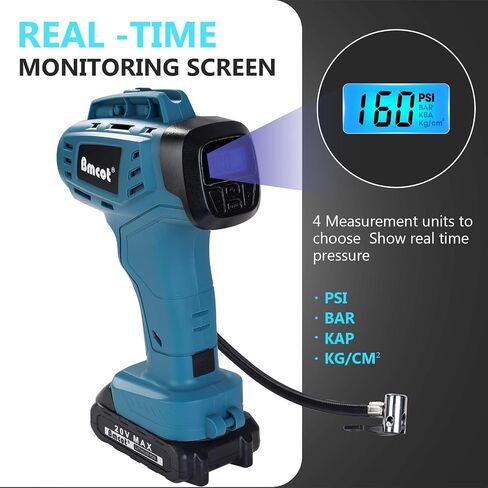 Compact Cordless Tire Inflator Portable Air Compressor with Display & Smart Pressure Control, 160PSI Max Pressure, Rechargeable Battery-Powered Handheld Air Pump for Car Bike and Sporting Equipment in Saudi Arabia