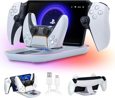 Charging Dock Station for Playstation Portal and PS5 Controller, 3-in-1 Charging Stand for PS Portal Remote Player with 14 RGB Light and Type-C Cable, Stand Holder for PS Portal - White in Saudi Arabia