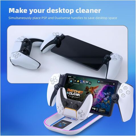 Charging Dock Station for Playstation Portal and PS5 Controller, 3-in-1 Charging Stand for PS Portal Remote Player with 14 RGB Light and Type-C Cable, Stand Holder for PS Portal - White in Saudi Arabia