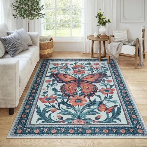 Uphome Boho Washable Living Room Rug, 5x7 Green Modern Rug for Bedroom, Non-Slip Soft Neutral Dining Room Rug, Farmhouse Butterfly Print Aesthetic Area Rugs for Nursery Kitchen Kids Room in Saudi Arabia