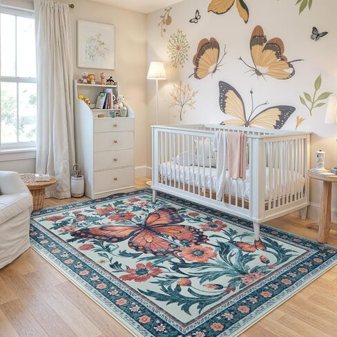 Uphome Boho Washable Living Room Rug, 5x7 Green Modern Rug for Bedroom, Non-Slip Soft Neutral Dining Room Rug, Farmhouse Butterfly Print Aesthetic Area Rugs for Nursery Kitchen Kids Room in Saudi Arabia