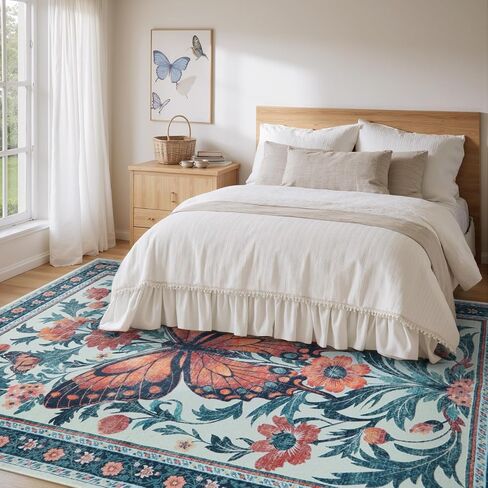Uphome Boho Washable Living Room Rug, 5x7 Green Modern Rug for Bedroom, Non-Slip Soft Neutral Dining Room Rug, Farmhouse Butterfly Print Aesthetic Area Rugs for Nursery Kitchen Kids Room in Saudi Arabia
