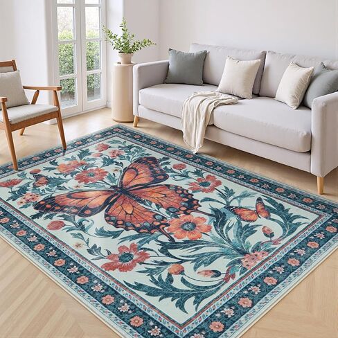 Uphome Boho Washable Living Room Rug, 5x7 Green Modern Rug for Bedroom, Non-Slip Soft Neutral Dining Room Rug, Farmhouse Butterfly Print Aesthetic Area Rugs for Nursery Kitchen Kids Room in Saudi Arabia