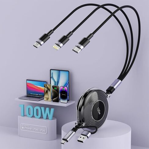 100W Retractable Multi Charging Cable, 6 in 1 Retractable iPhone Charger, 100W Fast Charging USB-C/A to Lightning/USB-C/Micro Retractable USB-C Cable for iPhone 15 14/iPad Pro 2024/Samsung, 4ft in Saudi Arabia