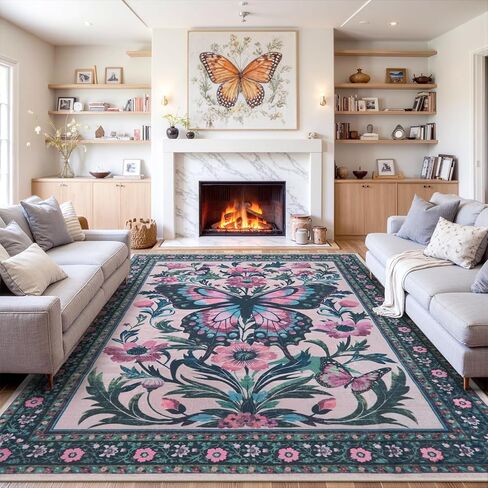 Uphome Boho Washable Living Room Rug, 5x7 Green Modern Rug for Bedroom, Non-Slip Soft Neutral Dining Room Rug, Farmhouse Butterfly Print Aesthetic Area Rugs for Nursery Kitchen Kids Room in Saudi Arabia