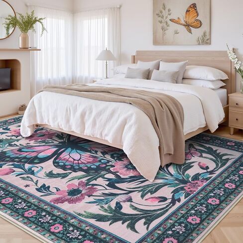 Uphome Boho Washable Living Room Rug, 5x7 Green Modern Rug for Bedroom, Non-Slip Soft Neutral Dining Room Rug, Farmhouse Butterfly Print Aesthetic Area Rugs for Nursery Kitchen Kids Room in Saudi Arabia