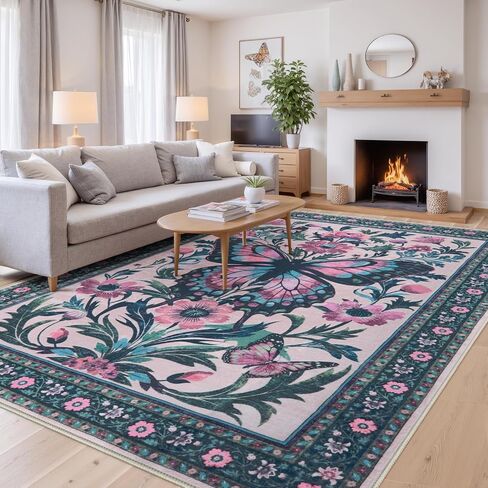 Uphome Boho Washable Living Room Rug, 5x7 Green Modern Rug for Bedroom, Non-Slip Soft Neutral Dining Room Rug, Farmhouse Butterfly Print Aesthetic Area Rugs for Nursery Kitchen Kids Room in Saudi Arabia
