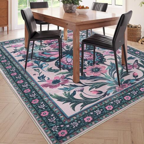 Uphome Boho Washable Living Room Rug, 5x7 Green Modern Rug for Bedroom, Non-Slip Soft Neutral Dining Room Rug, Farmhouse Butterfly Print Aesthetic Area Rugs for Nursery Kitchen Kids Room in Saudi Arabia