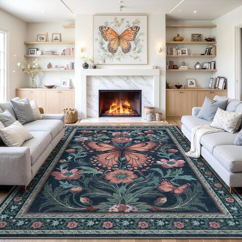 Uphome Boho Washable Living Room Rug, 5x7 Green Modern Rug for Bedroom, Non-Slip Soft Neutral Dining Room Rug, Farmhouse Butterfly Print Aesthetic Area Rugs for Nursery Kitchen Kids Room in Saudi Arabia