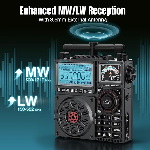 راديو RF919 SSB على الموجات القصيرة مع نطاق الطقس NOAA، نطاق كامل FM AM SW VHF UHF AIR CB WB وSSB، مع موالف هوائي، 3 منافذ هوائي خارجي، بطارية قابلة لإعادة الشحن 5000 مللي أمبير في الساعة، مقبس سماعة الأذن in Kuwait