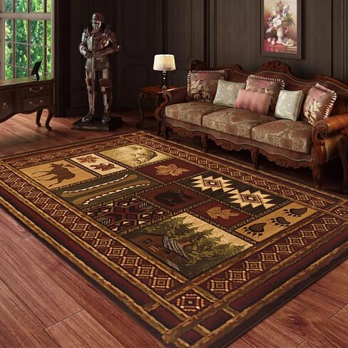 Rustic Cabin Bear Deer Rugs Floor Mat for Home Office Decor Patchwork Wildlife Plants Print Carpet Doormat,2'x3' in Saudi Arabia