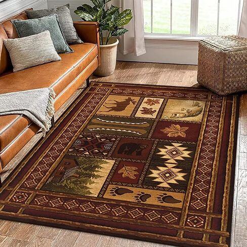 Rustic Cabin Bear Deer Rugs Floor Mat for Home Office Decor Patchwork Wildlife Plants Print Carpet Doormat,2'x3' in Saudi Arabia