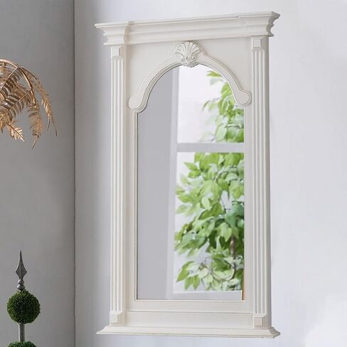مرايا مقوسة لمنزل المزرعة لتزيين الحائط في غرفة المعيشة مقاس 26 × 43 بوصة، مرآة بيضاء منحوتة من الخشب الريفي، مرآة مستطيلة على الطراز الريفي الفرنسي لغرفة النوم في الردهة in Kuwait