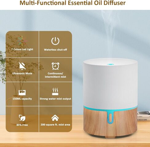 موزع روائح الزيوت العطرية من السيراميك، موزع روائح كهربائية للعلاج بالروائح العلاجية، موزع زيوت عطرية مع 7 ألوان LED/موزع روائح أوتوماتيكي بدون ماء للمنزل والمكتب 150 مل - أبيض in Kuwait