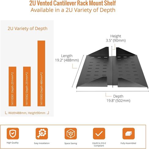 2U Heavy Duty Cantilever Center Mount Server Rack Shelves 2 pcs Set- Universal Vented Rack Mount Tray for 19inch Network Equipment Rack & Cabinet - Weight Capacity 110lb - 38inch Deep, Black in Saudi Arabia