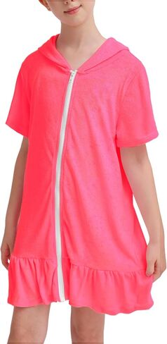 Girls Swim Cover Up MulticolorHooded Zip-Up Terry Swimsuit Ruffle Bathing Suit Kids Short Sleeve Swimwear in Kuwait