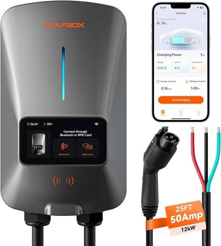 شاحن WOLFBOX المستوى 2 EV 50 أمبير - شاشة ذكية، بطاقة RFID، كابل 25 قدم، خارجي/داخلي، شاحن EV سلكي المستوى 2، شاحن سيارة كهربائي مزود بتقنية WiFi، محطات شحن المركبات الكهربائية 240 فولت in Saudi Arabia