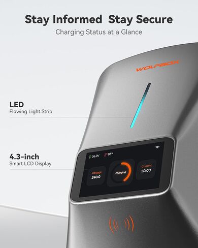 شاحن WOLFBOX المستوى 2 EV 50 أمبير - شاشة ذكية، بطاقة RFID، كابل 25 قدم، خارجي/داخلي، شاحن EV سلكي المستوى 2، شاحن سيارة كهربائي مزود بتقنية WiFi، محطات شحن المركبات الكهربائية 240 فولت in Saudi Arabia