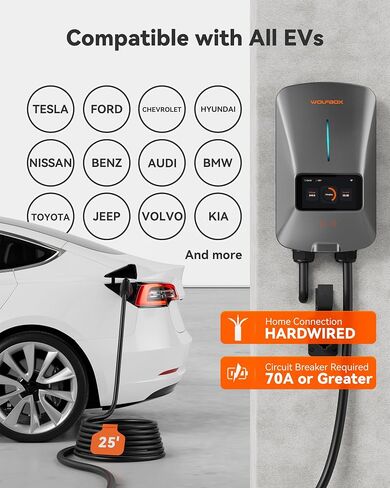 شاحن WOLFBOX المستوى 2 EV 50 أمبير - شاشة ذكية، بطاقة RFID، كابل 25 قدم، خارجي/داخلي، شاحن EV سلكي المستوى 2، شاحن سيارة كهربائي مزود بتقنية WiFi، محطات شحن المركبات الكهربائية 240 فولت in Saudi Arabia
