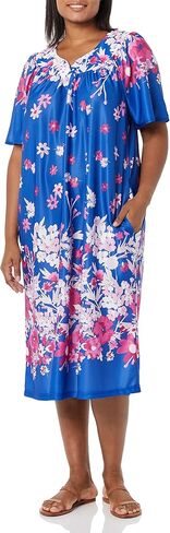 AmeriMark Women's & Women's Plus Border Lounge Dress- Short Sleeve Gown Sleepwear for Ladies, Black/White Border, MD in Kuwait