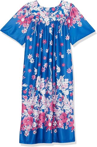 AmeriMark Women's & Women's Plus Border Lounge Dress- Short Sleeve Gown Sleepwear for Ladies, Black/White Border, MD in Kuwait