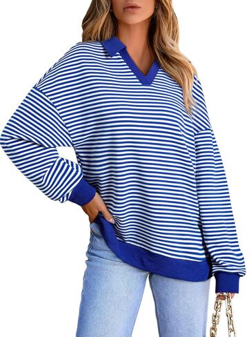 AlvaQ Womens Oversized Sweatshirts Casual Striped Long Sleeve Shirts Color Block Lapel V Neck Drop Shoulder Loose Tunic Tops in Saudi Arabia