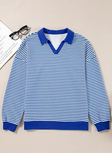 AlvaQ Womens Oversized Sweatshirts Casual Striped Long Sleeve Shirts Color Block Lapel V Neck Drop Shoulder Loose Tunic Tops in Saudi Arabia