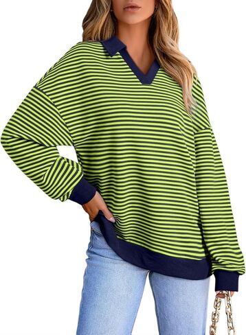 AlvaQ Womens Oversized Sweatshirts Casual Striped Long Sleeve Shirts Color Block Lapel V Neck Drop Shoulder Loose Tunic Tops in Saudi Arabia