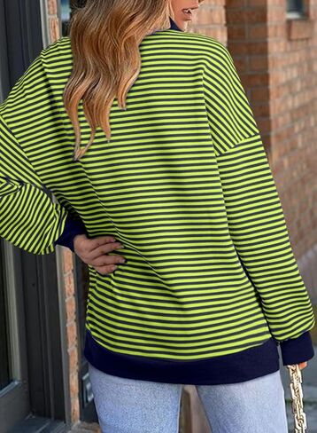 AlvaQ Womens Oversized Sweatshirts Casual Striped Long Sleeve Shirts Color Block Lapel V Neck Drop Shoulder Loose Tunic Tops in Saudi Arabia
