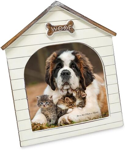Isaac Jacobs 4x4 Natural Resin Sentiments Woof Doghouse Frame, Vertical Keepsake Photo Frame with Easel and Hanging Tabs for Tabletop, Desktop & Wall Display (4x4, Natural) in Saudi Arabia