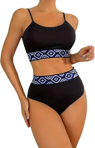 المرأة عالية مخصر بيكيني مجموعات قطعتين خمر SwimsuitNeck صفيق الاستحمام الدعاوى البطن السيطرة in Saudi Arabia