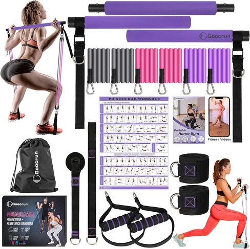 Portable Pilates Bar and Resistance Band Set with Handles. Multifunctional Family Gym with Door Anchor, Ankle Strap and Extended Rope - with Fitness Poster and Exercise Video in Saudi Arabia