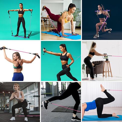Portable Pilates Bar and Resistance Band Set with Handles. Multifunctional Family Gym with Door Anchor, Ankle Strap and Extended Rope - with Fitness Poster and Exercise Video in Saudi Arabia